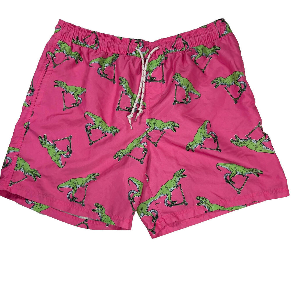 No Boundaries Men’s Swim Trunks L Pink Dinosaur Scooter Print Board Shorts Fun